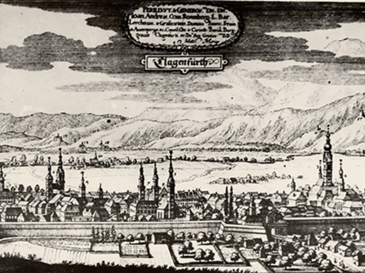 Alter Stich von Klagenfurt mit Stadtmauern