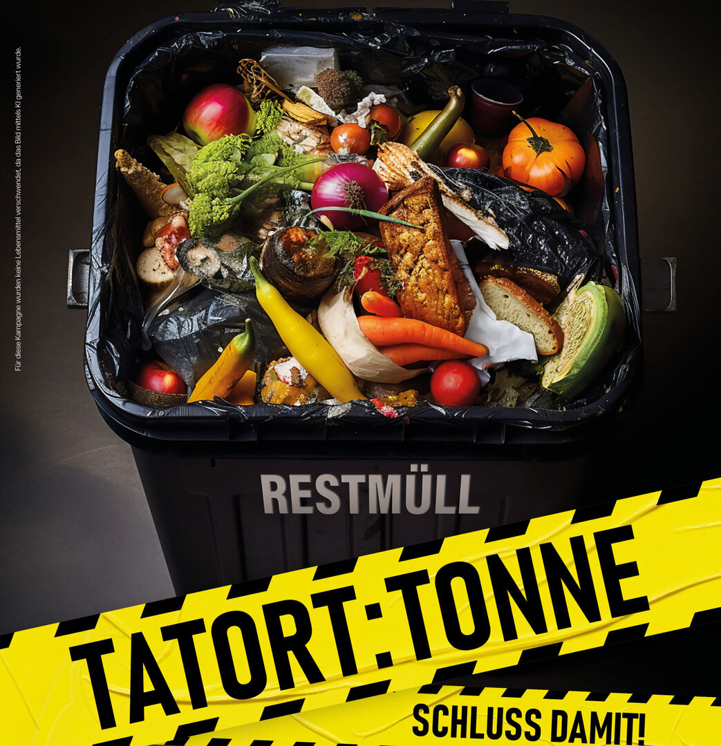 Tatort: Tonne! Die Initiative soll mit Plakaten, Radio- und TV-Spots ein neues Bewusstsein in der Bevölkerung in Sachen Lebensmittelverschwendung machen.