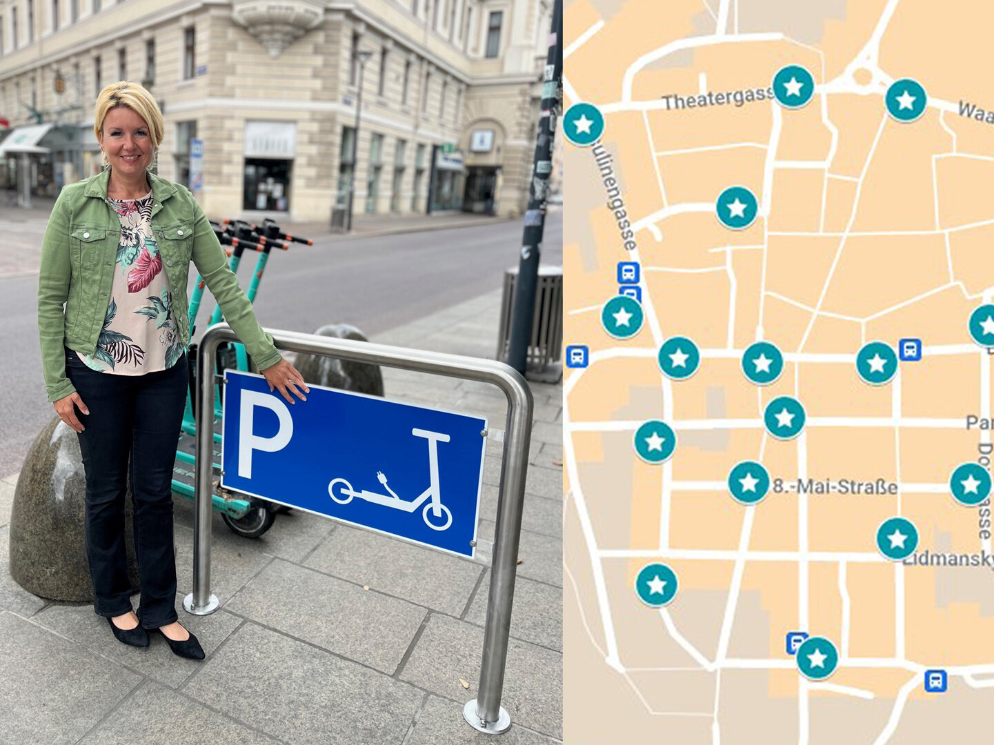 Verkehrsstadträtin Sandra Wassermann, BA, bei einer der ausgewiesenen E-Scooter Abstellflächen auf dem Neuen Platz. 