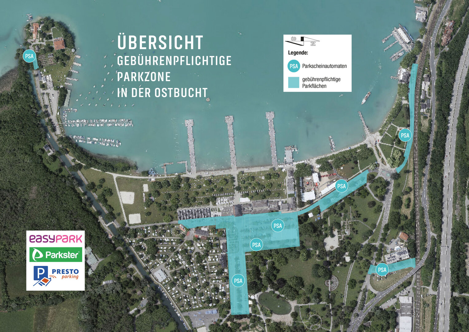 Die Übersichtskarte zeigt die gebührenpflichtige Parkzone Ostbucht und die Standorte der Parkscheinautomaten. 