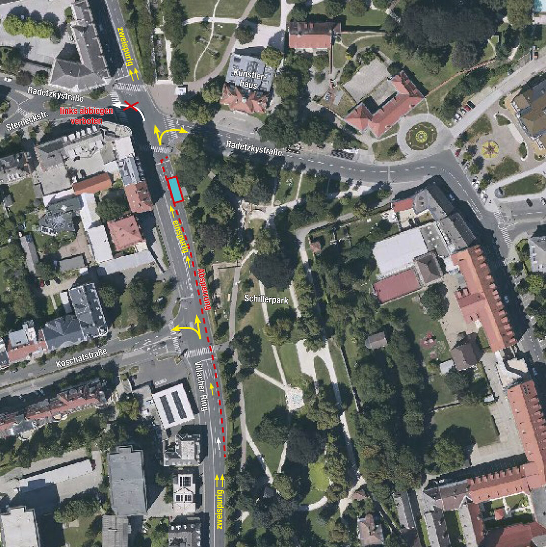 Von 18. August bis circa 18. September kommt es zu einer Fahrspurverengung beim Villacher Ring/Radetzkystraße. 