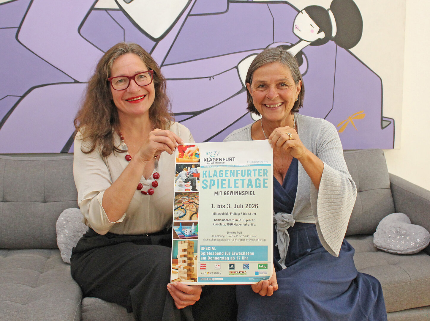 Spieletage 2026 Familienreferentin Stadträtin DI Constance Mochar mit Mag. Astrid Malle vom Klagenfurter Familienbüro laden zu den heurigen Spieletagen ein. Foto: SK