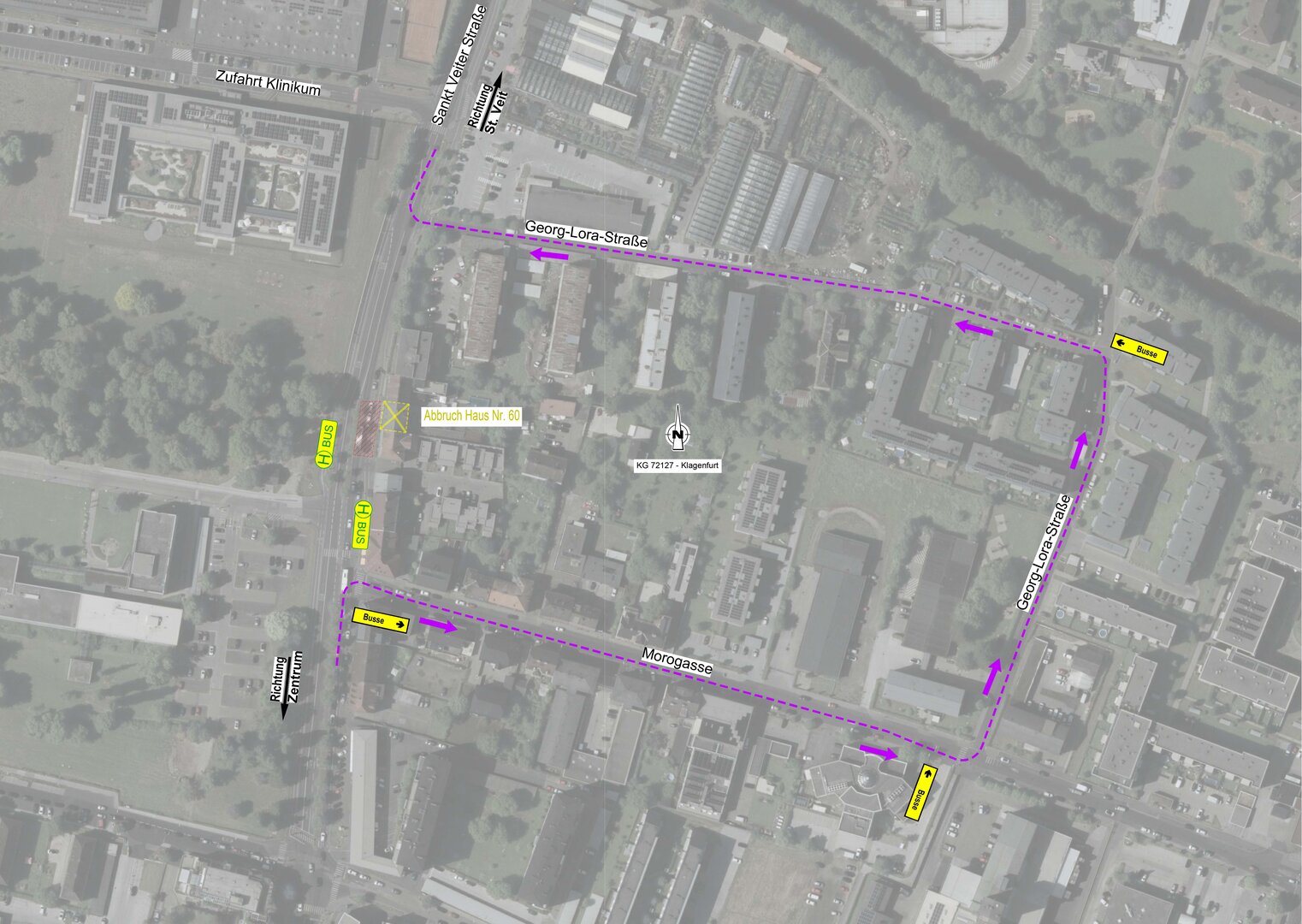 PKW- und Busverkehr wird über die Morogasse umgeleitet. Für den LKW-Verkehr erfolgt die Umleitung stadtauswärts über die Kraßniggstraße.
