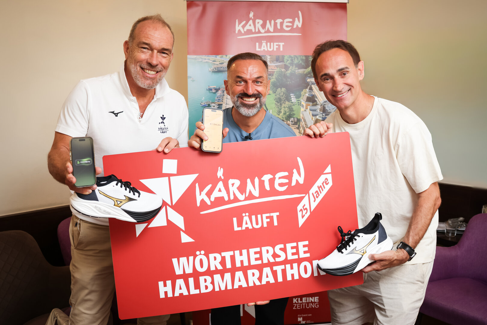 Michi Kummerer (Kärnten Läuft), Karim Allouche (move2pay) und Gernot Kulis (move2pay-Markenbotschafter) stellten ihre innovative Idee gemeinsam vor.
