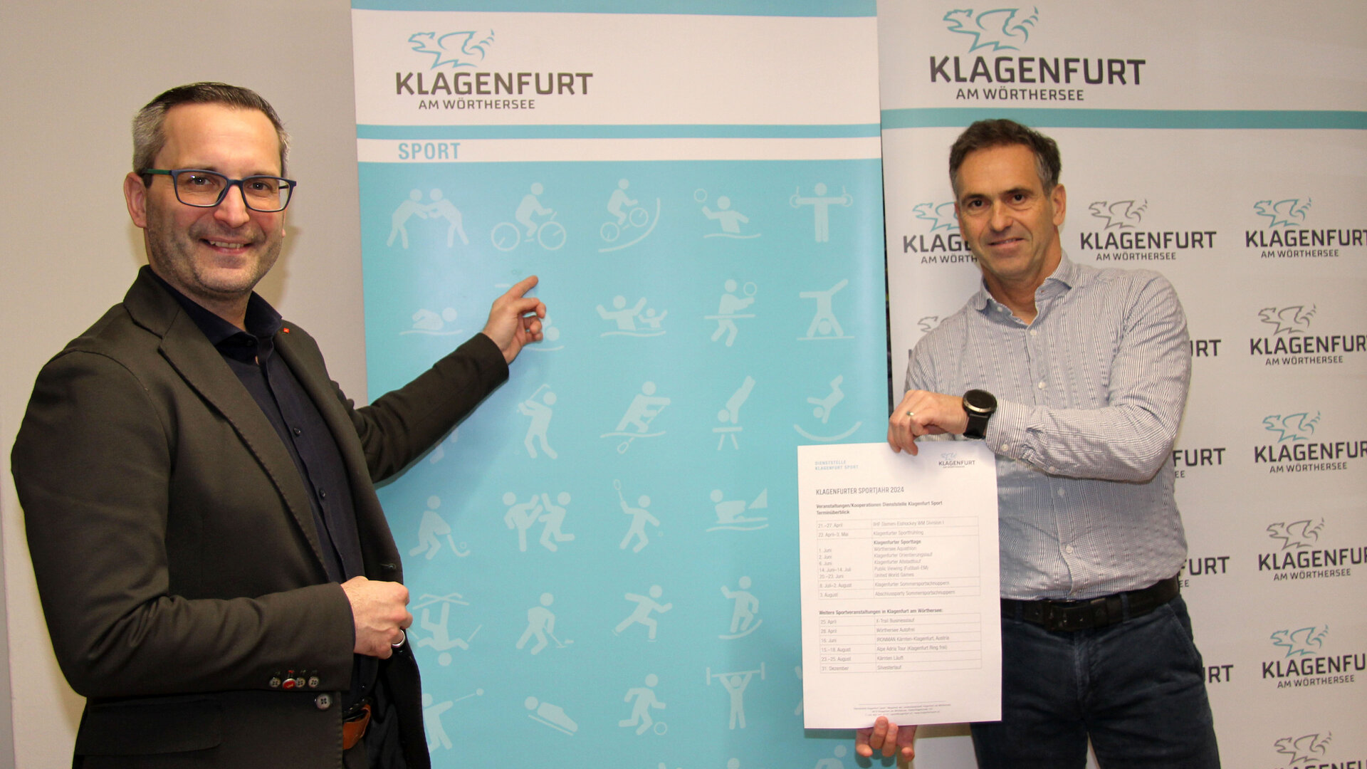 Sportstadtrat Mag. Franz Petritz und Sportamtsleiter Mag. Mario Polak stellten Details zum Klagenfurter Sportjahr 2024 vor.