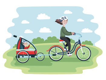 Grafik einer Radfahrerin mit Kind in Radanhänger